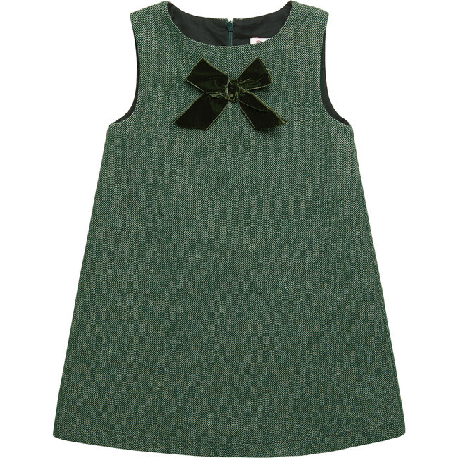 Trotters London | Georgina Bow Dress, (Green Herringbone, Size 3Y) | Maisonette | Maisonette