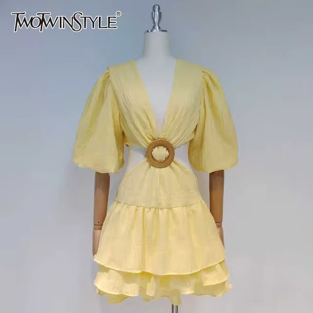 Twotwinstyle amarelo oco para fora vestido sexy para as mulheres com decote em v lanterna meia ma... | Ali Express BR