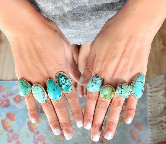 Turquoise Ring for Women, Sterling Silver Ring, Boho Ring, Large Gypsy Ring, Natural Turquoise Je... | Etsy (US)