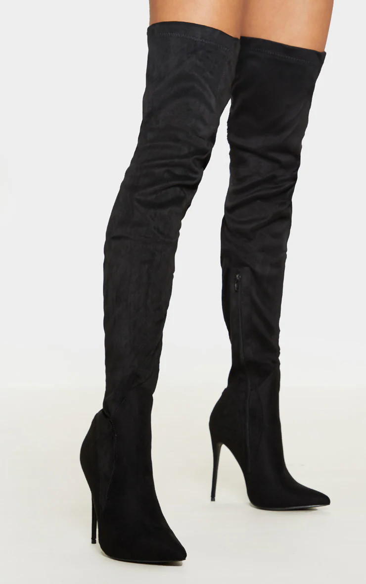 Emmi Black Faux Suede Extreme Thigh High Heeled Boots | PrettyLittleThing US
