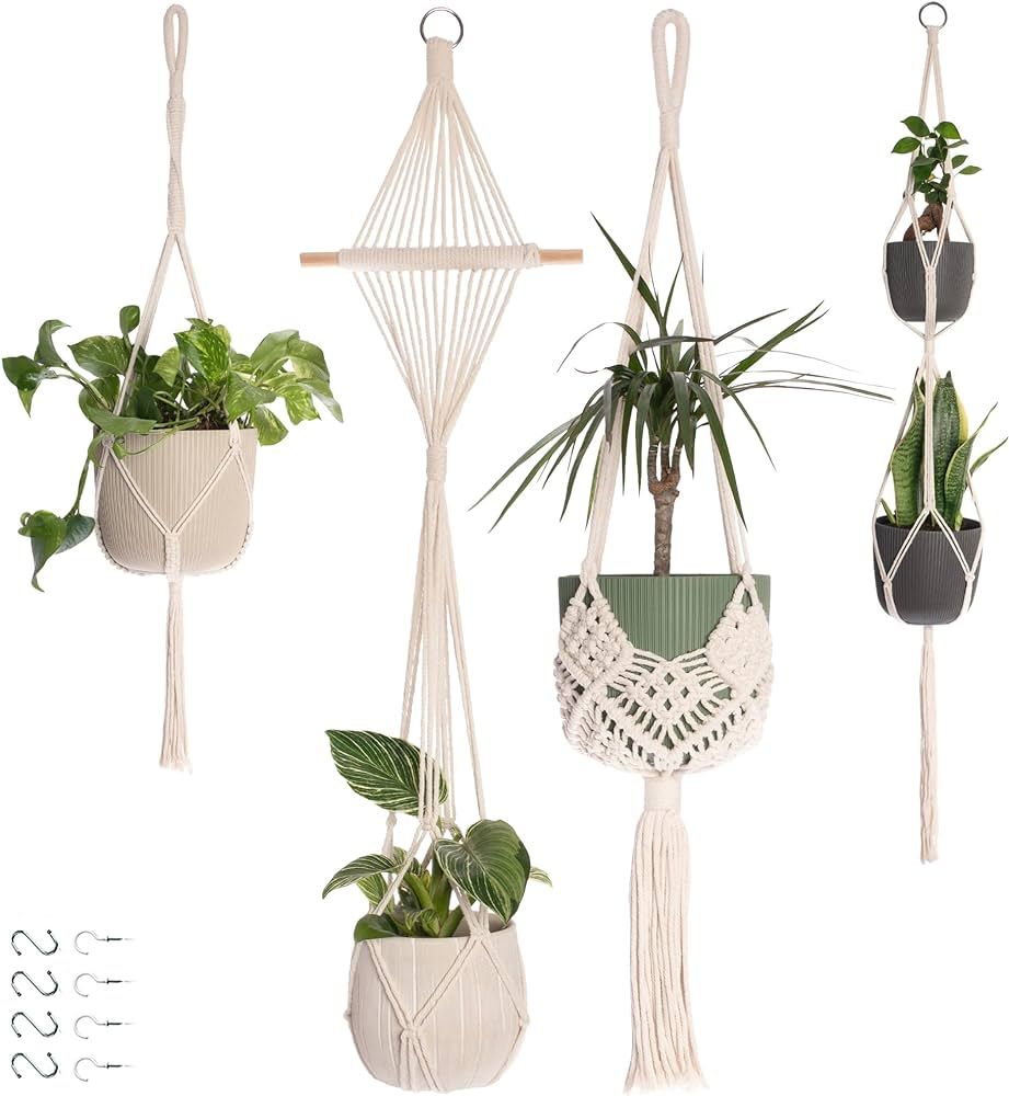 Nook Theory 4-Pack Macrame Plant Hanger - with 8 Ceiling Hooks - Hanging Planter Indoor Outdoor -... | Amazon (US)