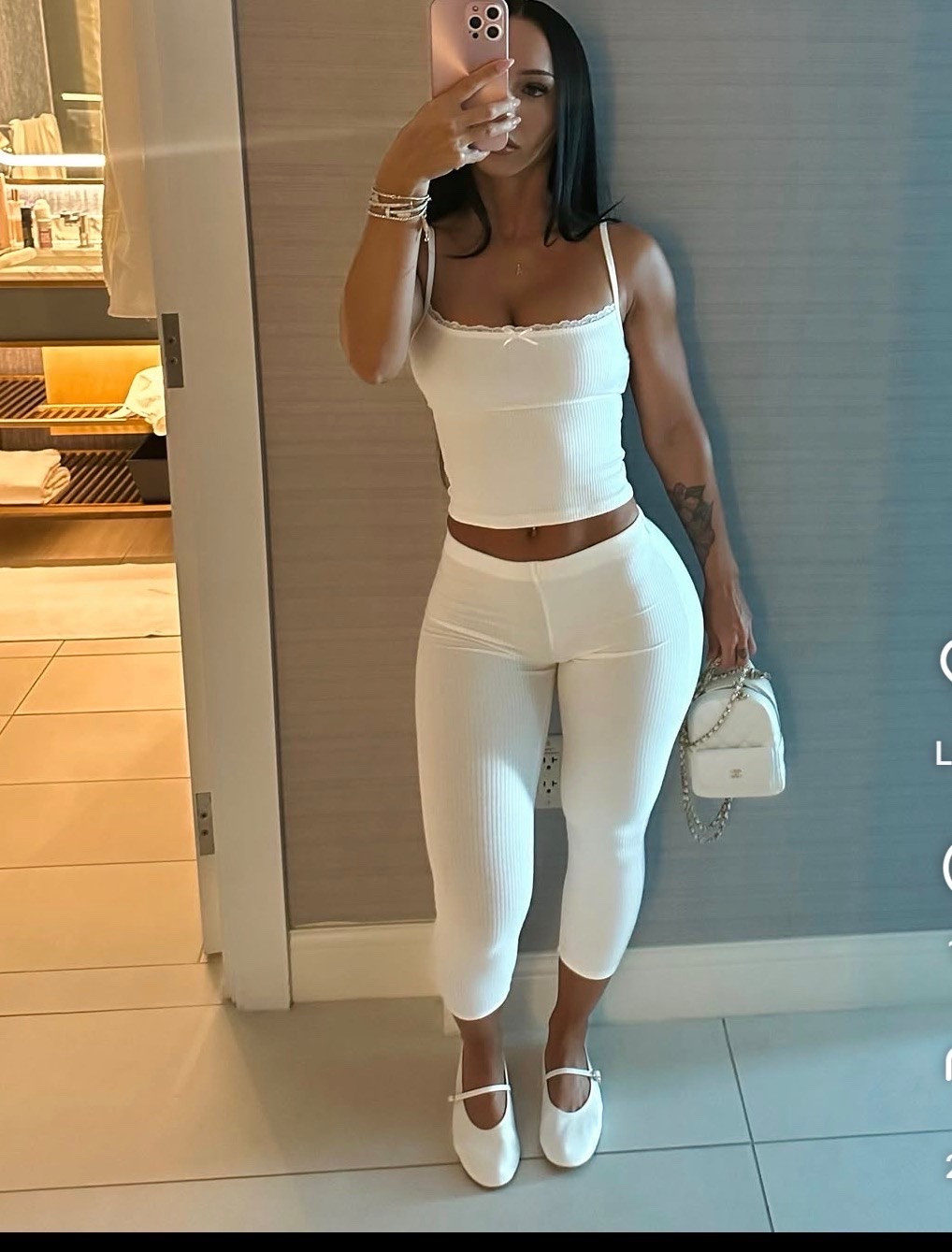 White capri leggings 
White Mary Jane slats

#LTKootd #LTKBeauty #LTKTravel