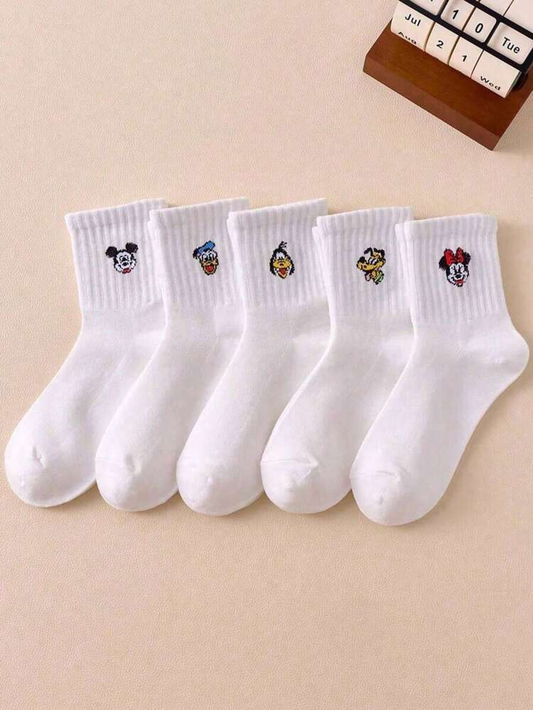 Disney 5 Pairs Cartoon Mid-Calf Socks, Versatile Women's Mid-Calf Socks, Cartoon Socks Suitable For All Seasons, Summer, Cute Ins Style Mickey Mouse White Socks | SHEIN
