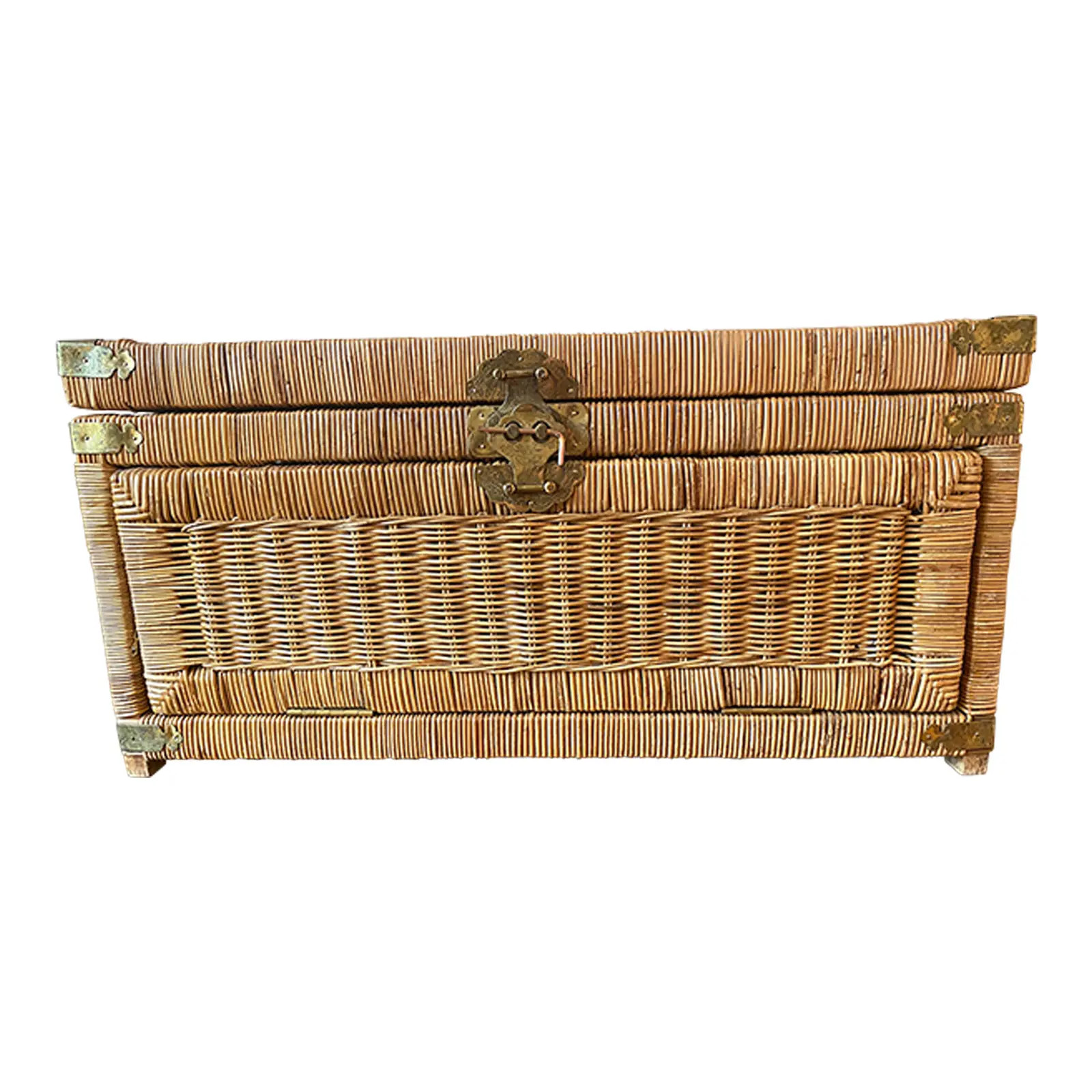 1970s Vintage Handwoven Wicker Trunk/Chest With Brass Hardware ~ Opens From Top & Front | Chairish