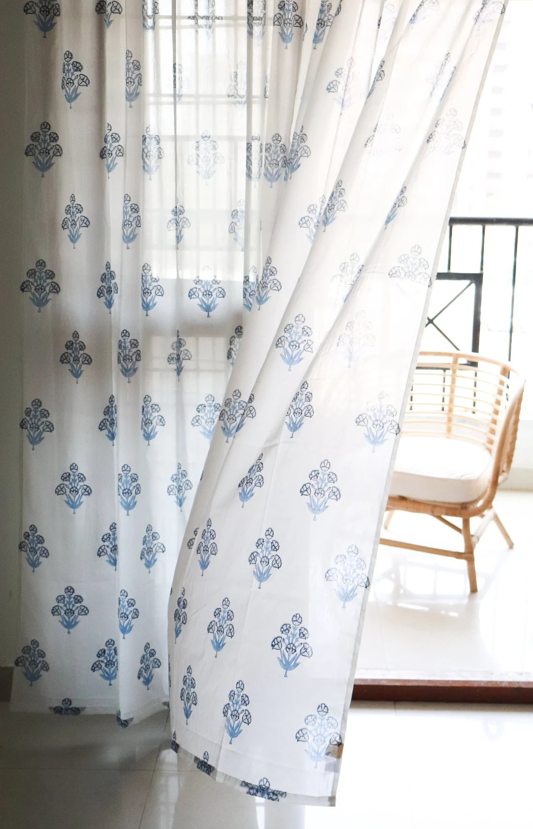 Block Print Sheer Blue Floral Curtains Living Room Curtains Indian Curtains Bohemian Curtains She... | Etsy (US)