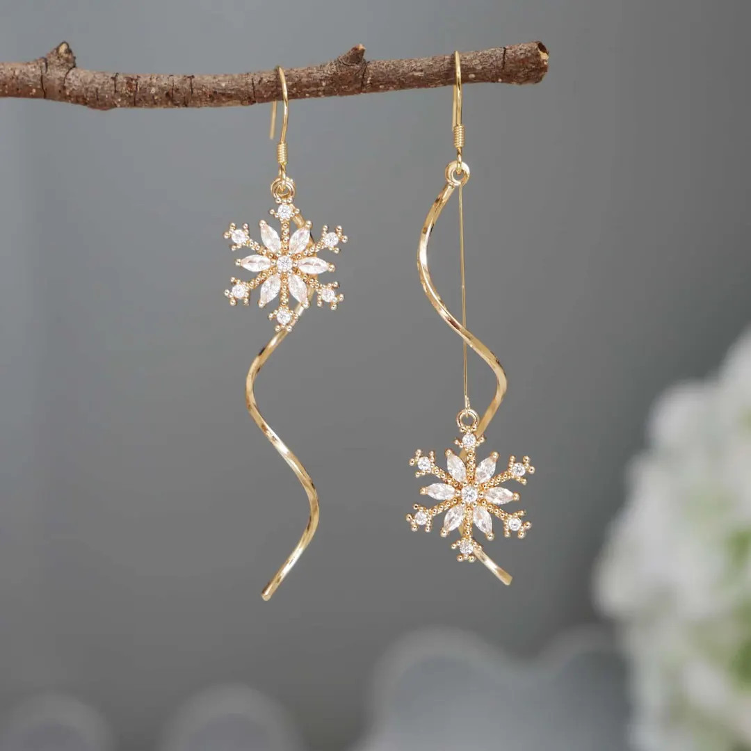 Snowflake Earrings Snowflake Necklace Snowflake Jewelry Set Snow Dangle Earrings Gold Christmas E... | Etsy (US)