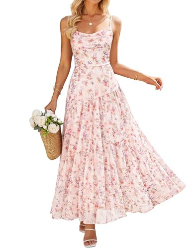 ZESICA Women's Summer Floral Sleeveless Maxi Dress 2026 Boho Mesh Beach Wedding Guest Spaghetti Strap Flowy Long Dresses Apricot Large | Amazon (US)