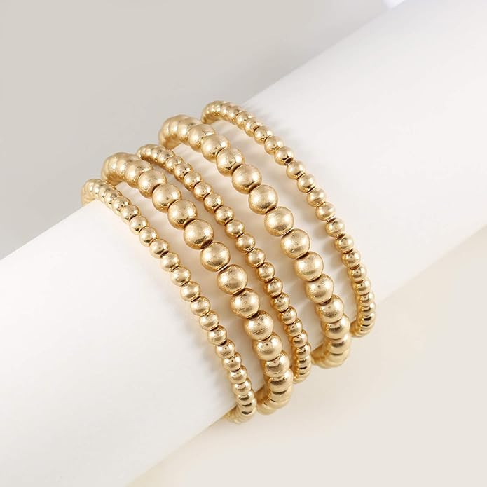 Gold Bead Bracelet for Women,14K Gold Plated Bead Ball Bracelet Stretchable Elastic Bracelet | Amazon (US)