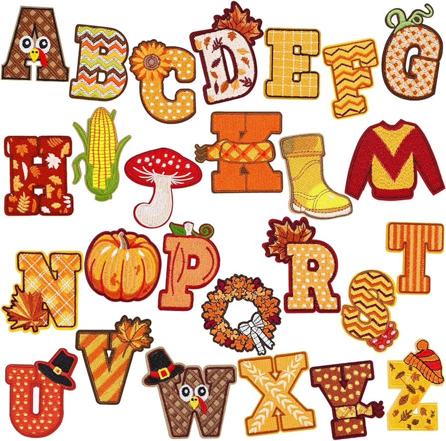 Whaline 26 Pcs Fall Thanksgiving Iron-On Sew-On Patches Cartoon A to Z Letter Iron Patch Stickers... | Amazon (US)