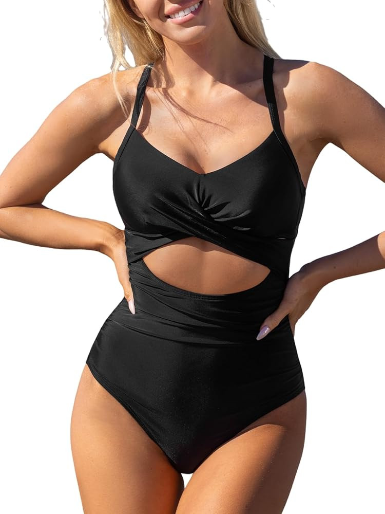 CUPSHE Women's One Piece Swimsuit Bathing Suit V Neck Cutout Tummy Control Back Tie Swimwear(Avai... | Amazon (US)