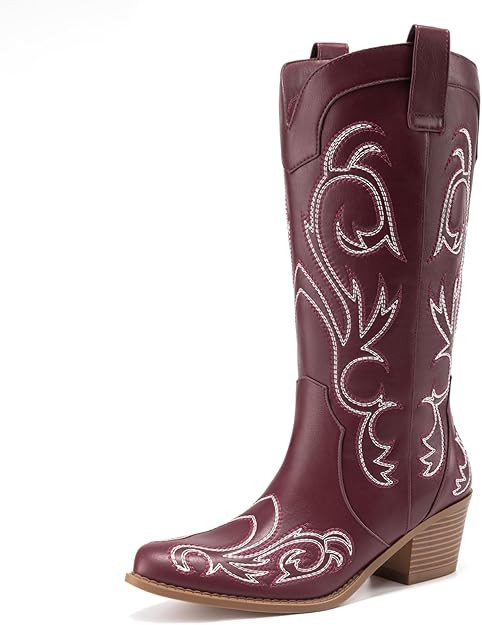 Athlefit Women's Embroidered Western Cowboy Boots Fashion Pointed Toe Chunky Heel Mid Calf Cowgir... | Amazon (US)