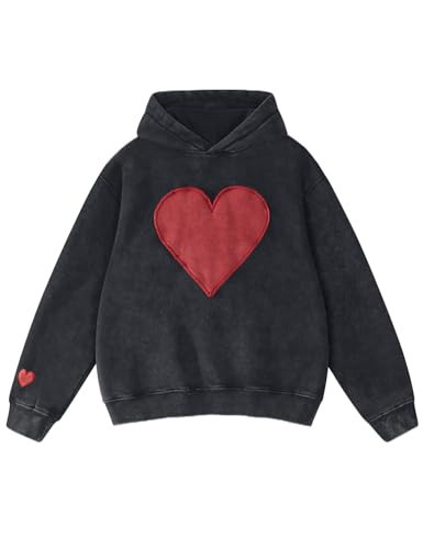 FAIABLE Womens Oversized Heart Patch Couples Hoodies Sweatshirts Heavyweight Vintage Fleece Pullover for Women 2025 Heart Embroidered Hoodie Black-XL | Amazon (US)