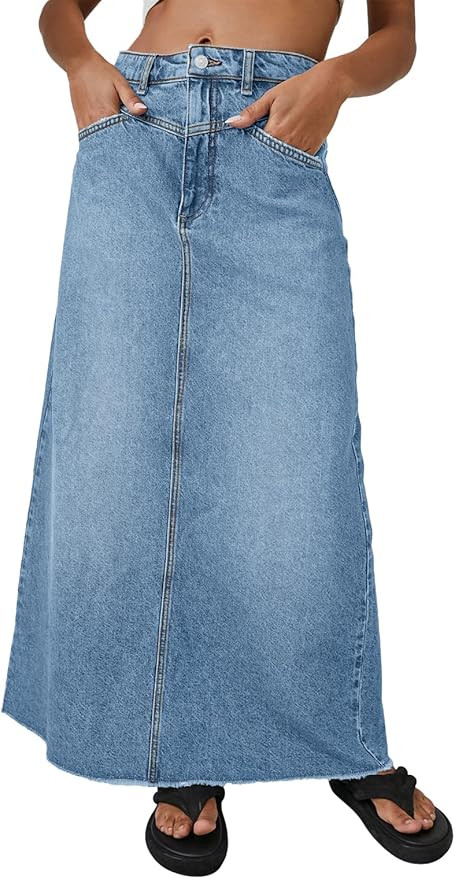 Fisoew Women's Vintage Denim Maxi Skirt Casual High Waist A-Line Frayed Hem Long Jean Skirt with ... | Amazon (US)