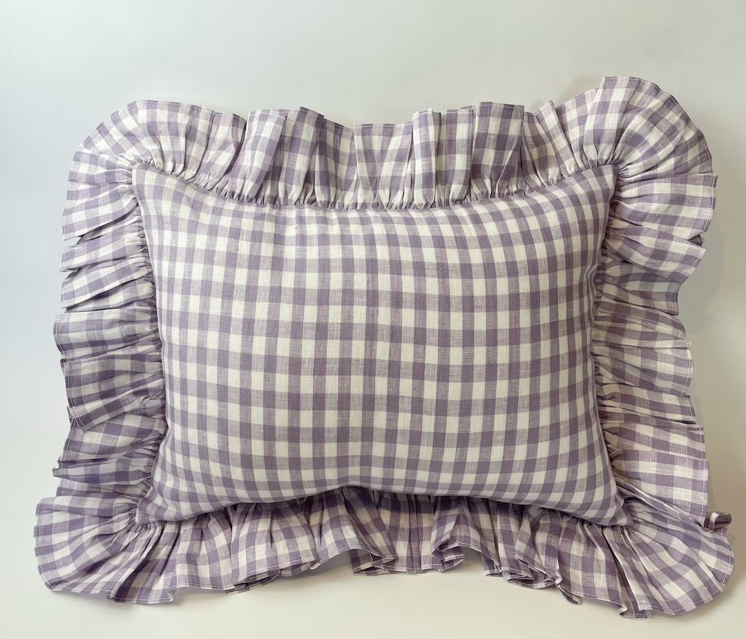 Linen Ruffle Mini Cushion in Lilac Gingham - Etsy | Etsy (US)