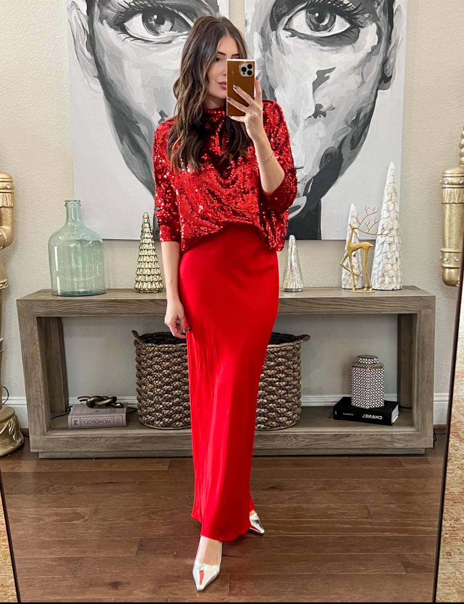 Medium in sequin sweater
XS in red satin skirt

Christmas outfit, holiday outfit, holiday party outfit, Christmas party outfit 

#LTKHoliday #LTKstyletip #LTKSeasonal