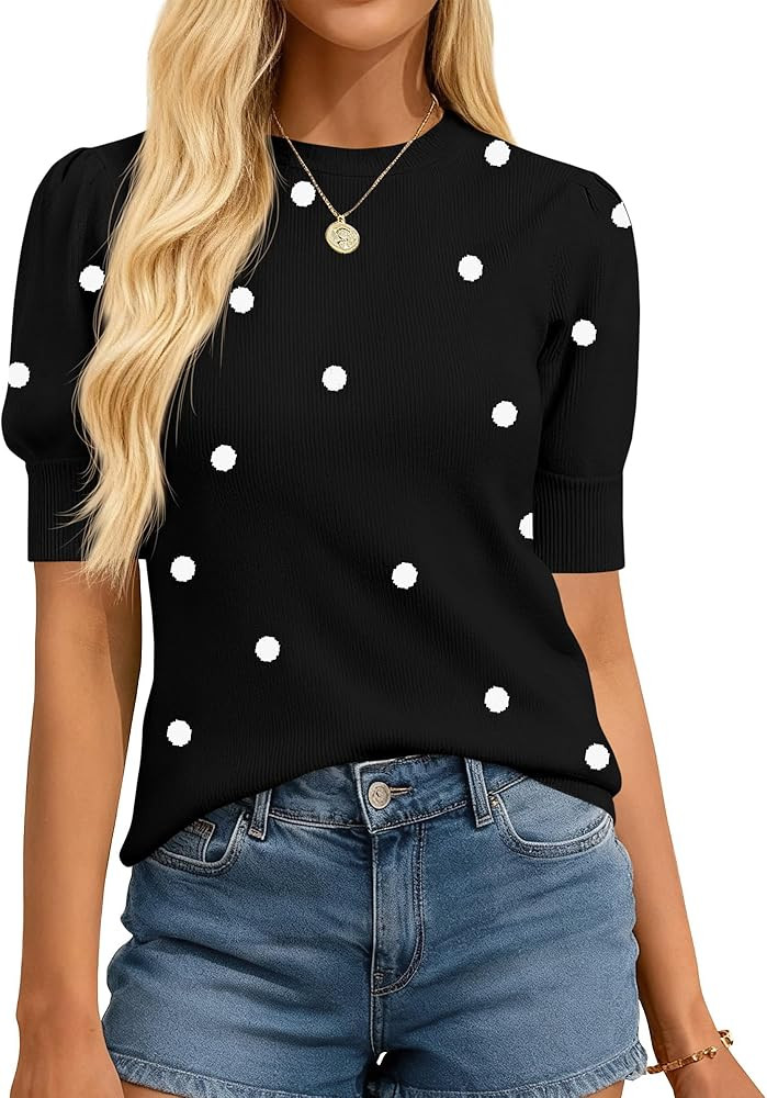 Womens Tops Polka Dot Puff Short Sleeve Sweater for Women Crewneck Knit Summer Tops Business Dres... | Amazon (US)