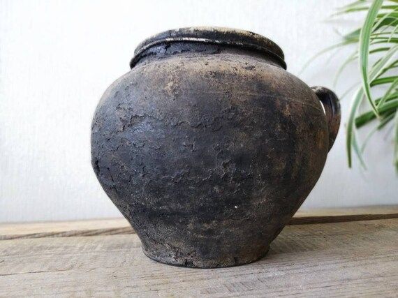 old  clay pot. Wabi sabi Rare black pottery vase with handle.  Farm house Rustic Decor of 18th ce... | Etsy (CAD)