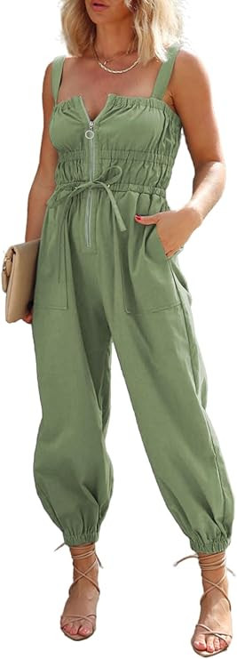 Dafensi Jumpsuit for Women Loose Casual 2023 Square Collar Overall Sleeveless Smocked Romper with... | Amazon (US)