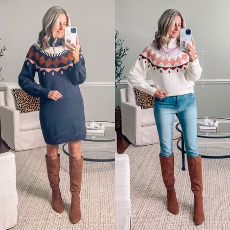 Thanksgiving outfit idea 
Walmart Outfit 
Holiday dress
Holiday outfit
Fair isle sweater in a small
Fair isle dress in a small 
Knee high boots 
Winter outfit 
Work wear 

#LTKshoecrush #LTKunder50 #LTKSeasonal