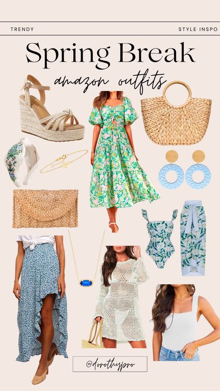 Spring Outfit Inspo! Sundresses, woven beach bag, trendy earrings, wedge heels, matching swimsuit and cover, M Kendra Scott necklace, headband, and more on my Amazon Storefront! 

#LTKfindsunder100 #LTKstyletip #LTKSpringSale
