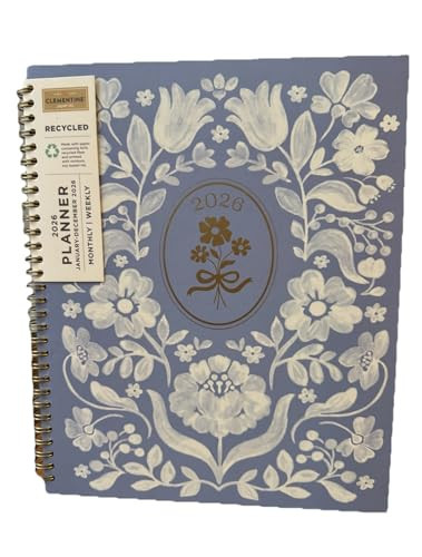 Clementine 2026 Planner, Monthly Weekly Format, Recycled Paper, Floral Design, Blue Cover with Gold Accents, Spiral Bound 11x9" | Amazon (US)