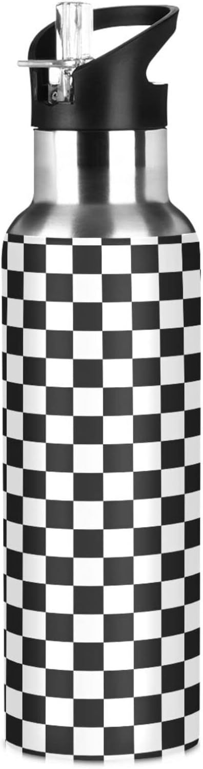 Black White Checkered Pattern Water Bottle Kids Insulated Thermos for Boys Girls Stainless Steel ... | Amazon (US)