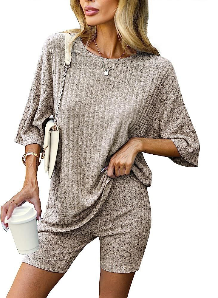 Pajamas 2 Piece Lounge Sets Ribbed Knit Matching Outfits T-shirt Biker Shorts Sleepwear Loungewea... | Amazon (US)