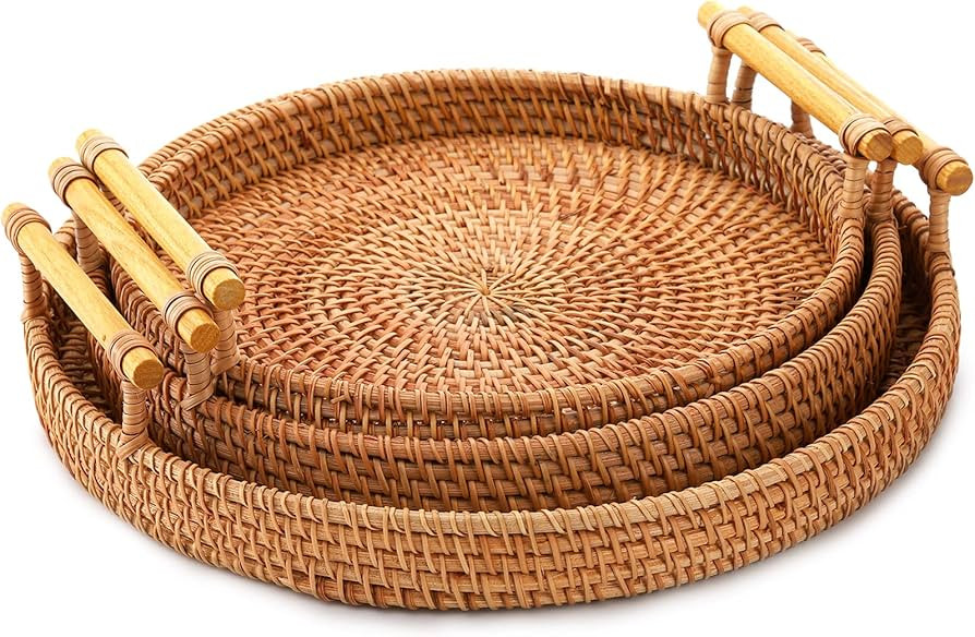 Dicunoy 3 Pack Rattan Basket Tray, Round Bread Serving Baskets for Coffee Table, Decorative Woven... | Amazon (UK)