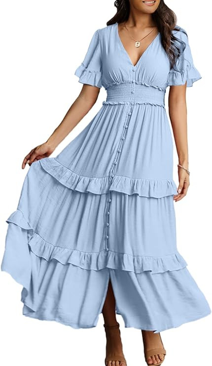 Amegoya Women's V Neck Long Sleeve Boho Maxi Dress 2023 Fall Wedding Guest Long Flowy Engagement ... | Amazon (US)