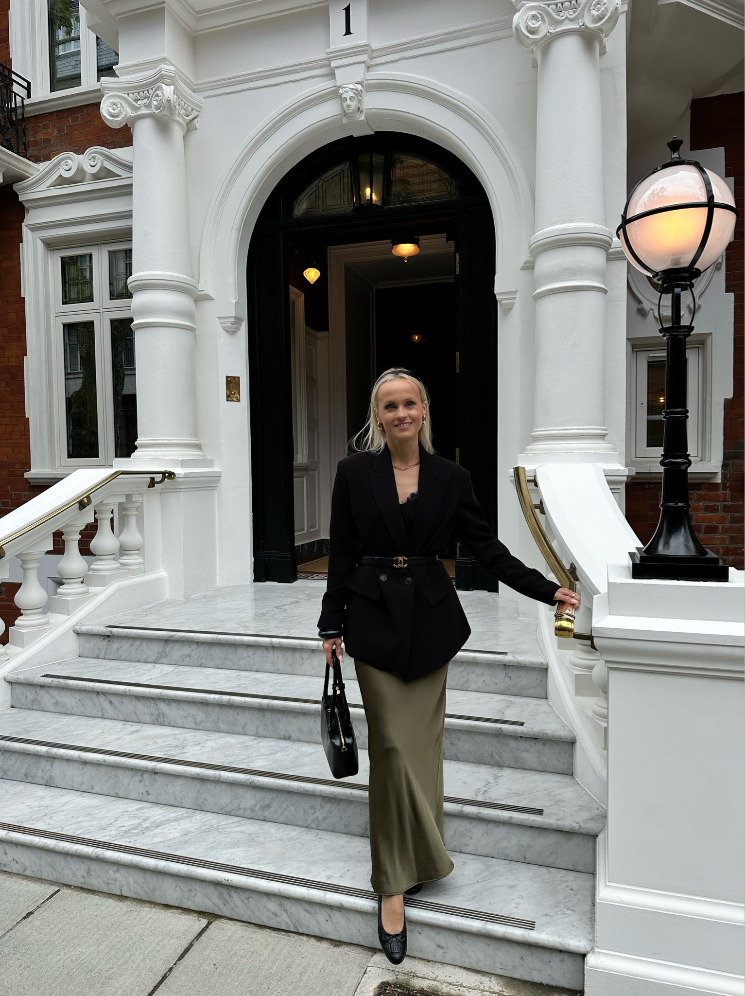 Weekend dinner out !!

Effortless chic and classy look , you can elevate it from for the day to an evening look by adding a different footwear (heels).

Etsy Alice black satin head band, Revolve gold drop earrings, Accessorize chain necklace, Warehouse satin lace trim camisole black top, Zara black blazer, Chanel leather belt, Zara khaki maxi skirt, Chales & Keith black bag, Chanel ballerina shoes.

#LTKeurope #LTKuk #LTKstyletip