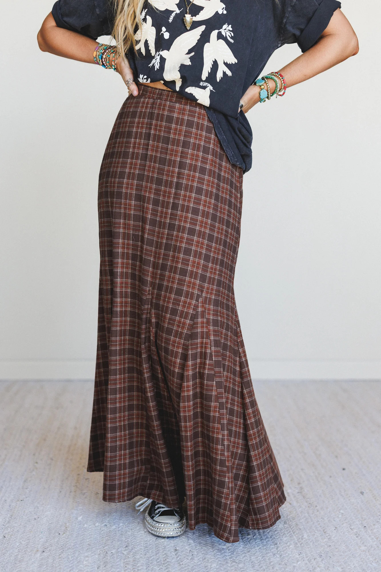 High Plains Plaid Maxi Skirt - Brown | Three Bird Nest