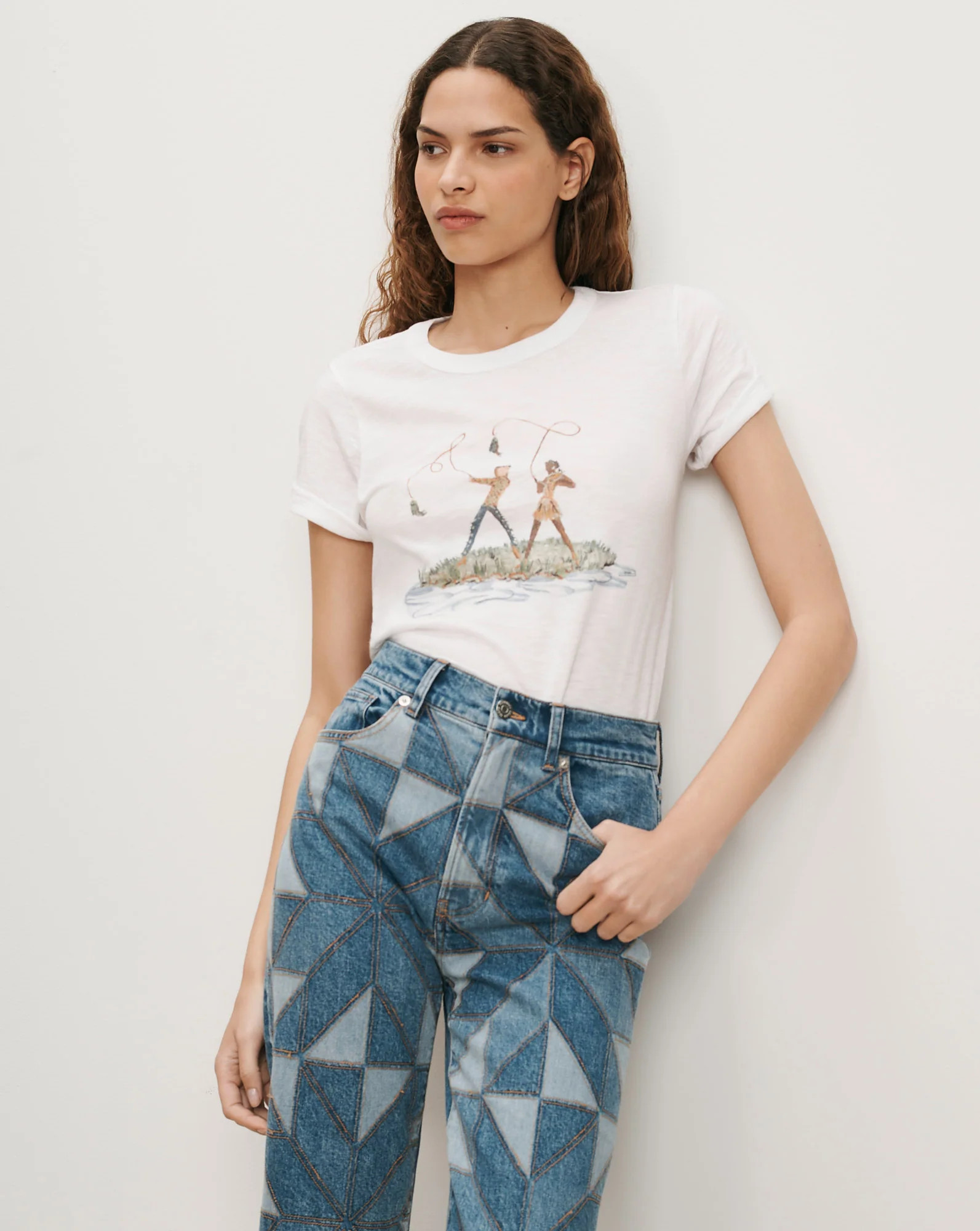 Carla Crewneck T-Shirt in White Fly Fishing Print Multi/Fg | Veronica Beard | Veronica Beard