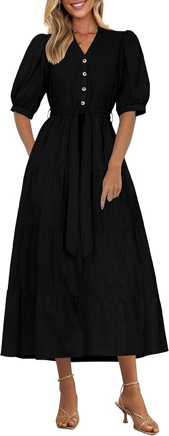 PRETTYGARDEN Summer Dresses for Women 2026 Elegant Classy Short Sleeve V Neck Ruffle A Line Belte... | Amazon (US)