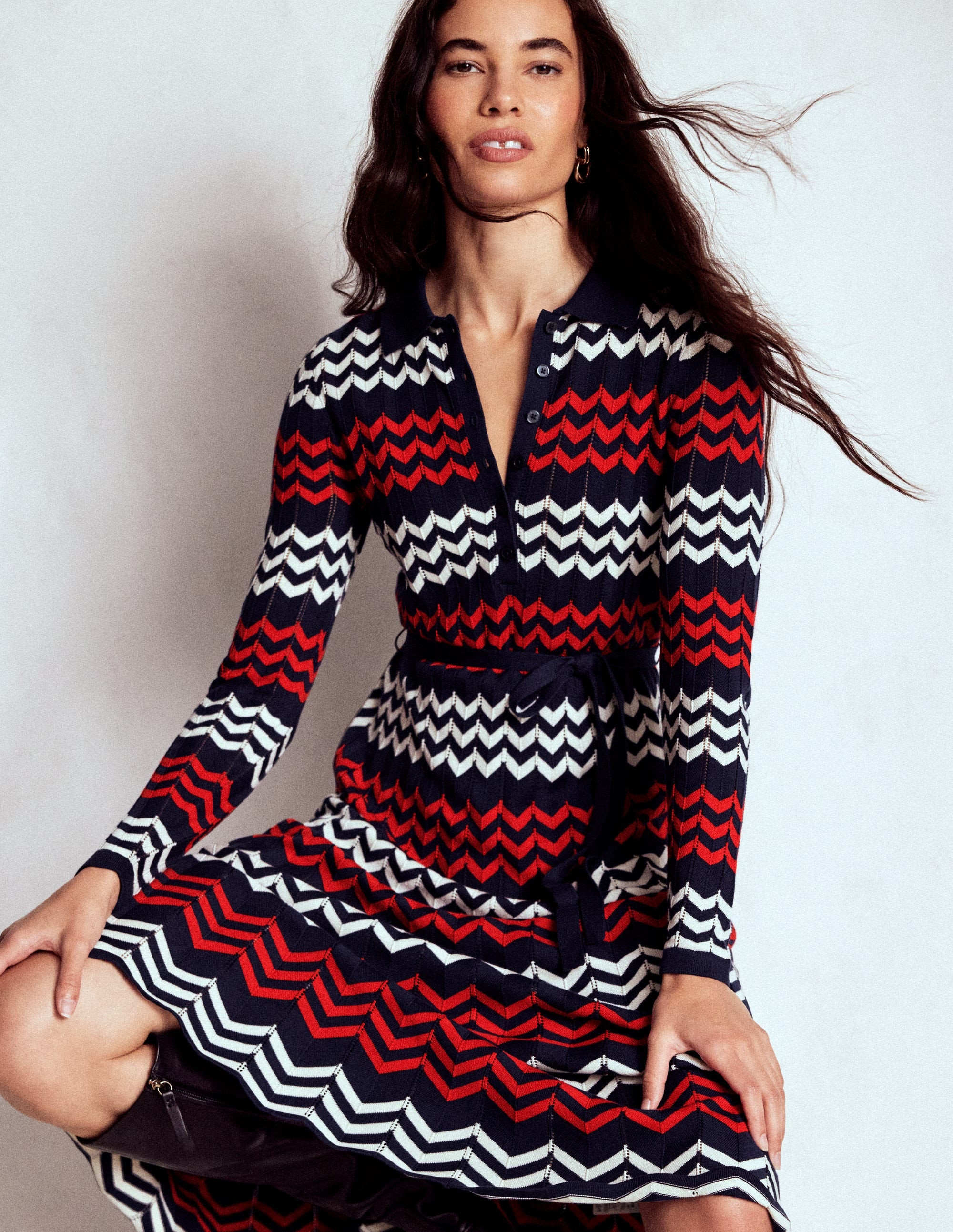 Chevron Stitch Midi Dress-Navy, Red and Ivory Chevron | Boden (US)