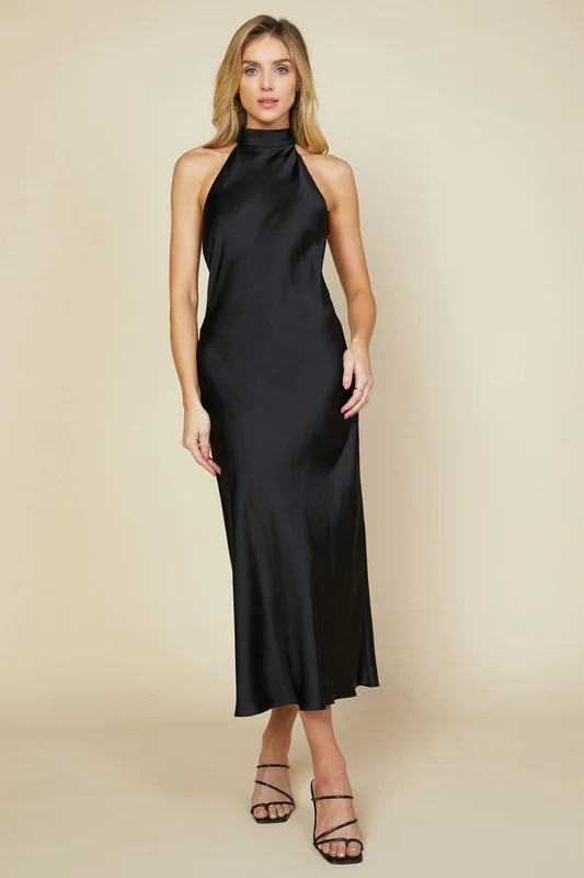 Black Halter Midi Dress | Peppered with leopard