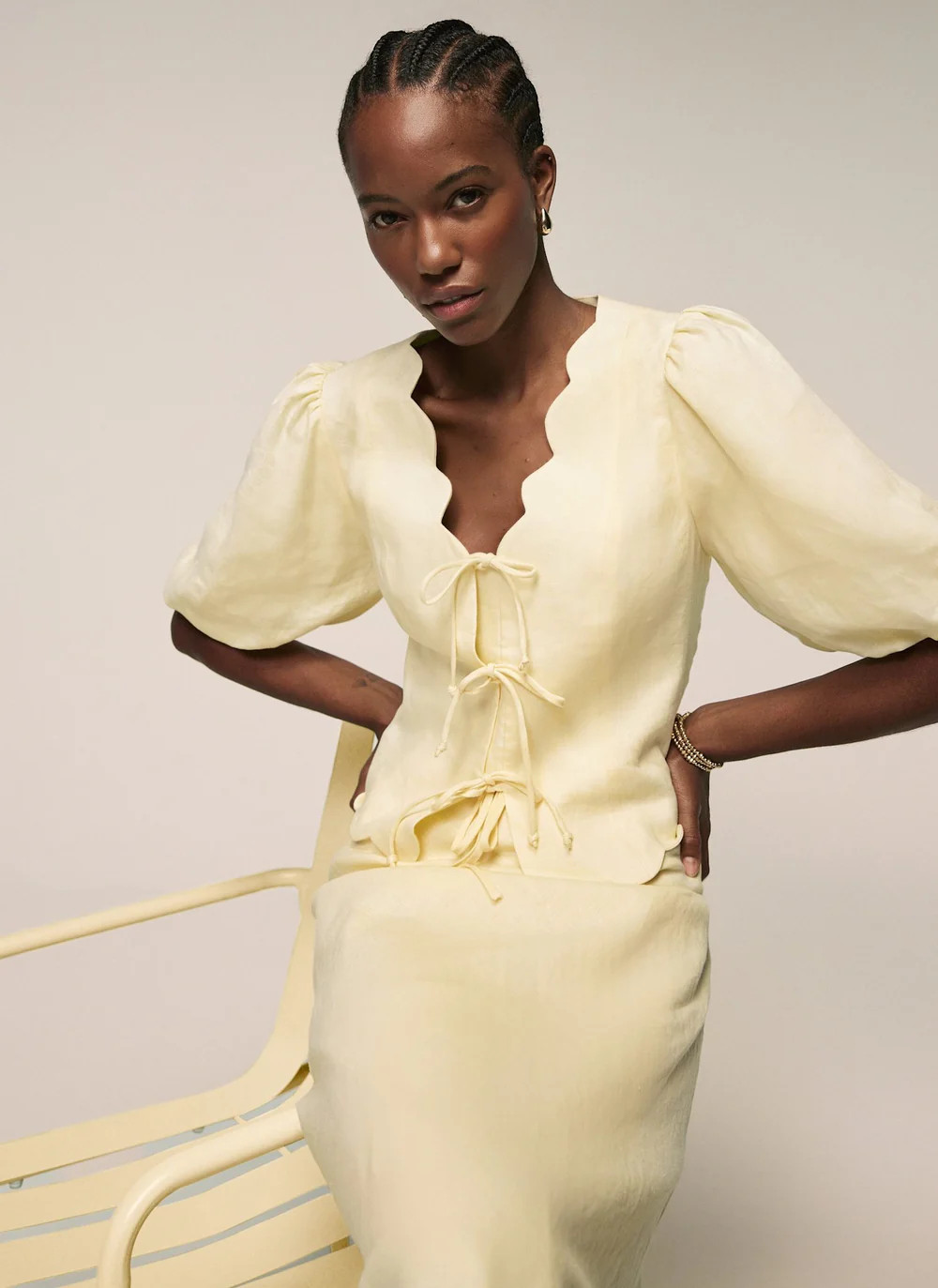 Pink Linen Scallop Tie Front Top | Mint Velvet