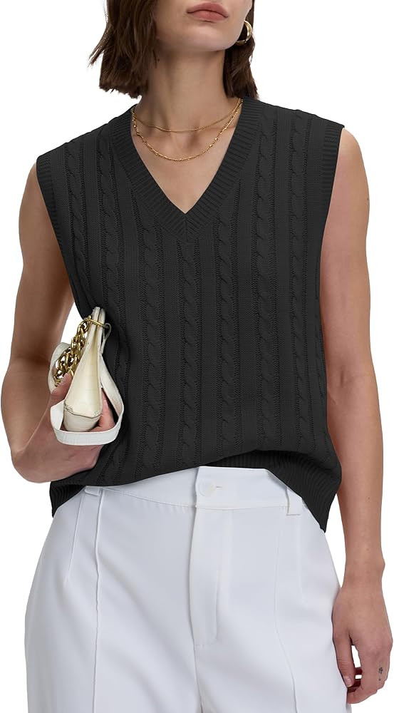 Locachy Women's Vintage Loose V Neck Sleeveless Cable Knit Preppy Style Pullover Sweater Vest | Amazon (US)