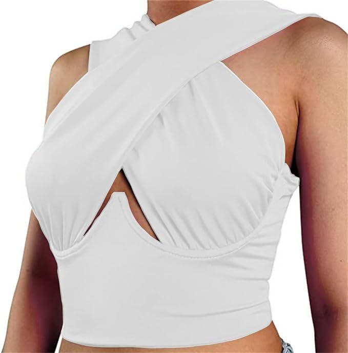 PRIMODA Women's Crisscross Cut Out Halter Crop Top Sexy Wrap Club Tank Top with Underwire | Amazon (US)