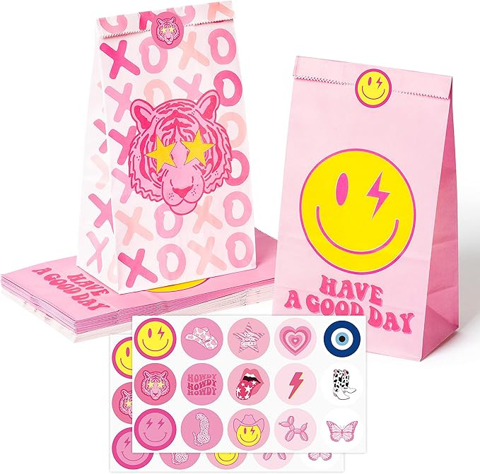 AellasNervalt 26Pcs Preppy Party Favor Bag with Stickers Y2k Hot Pink Smile Face Tiger Goodie Bag... | Amazon (US)