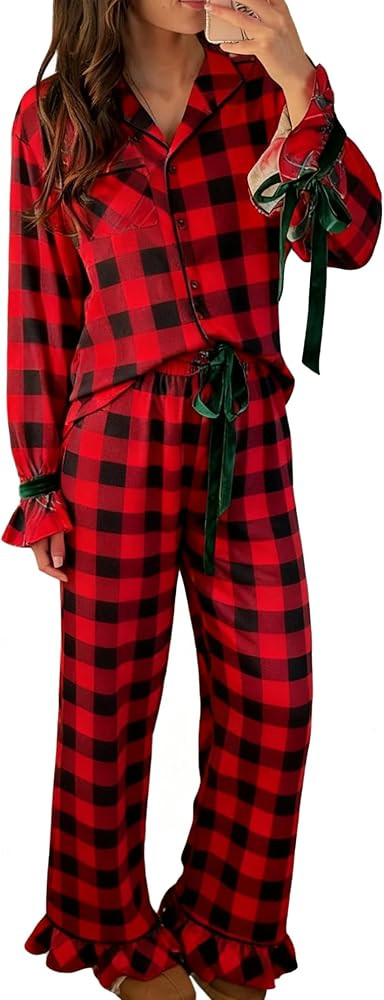 Womens Christmas Pajama Sets Bow Striped Long Sleeve Button Down Shirt Ruffle Pjs Pants Matching ... | Amazon (US)