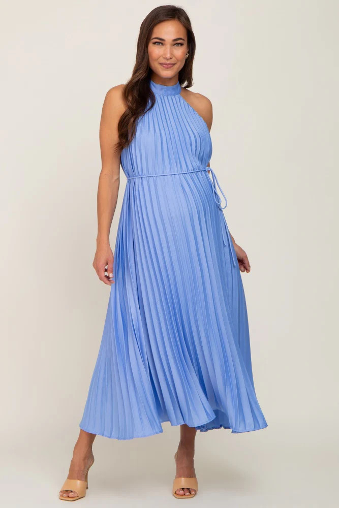 Light Blue Pleated Maternity Halter Dress | PinkBlush Maternity