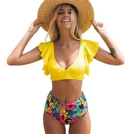 Women Print High Waisted Swimsuit Ruffled Bikini Set Floral Printed Bathing Suit Swimwear | Walmart (US)