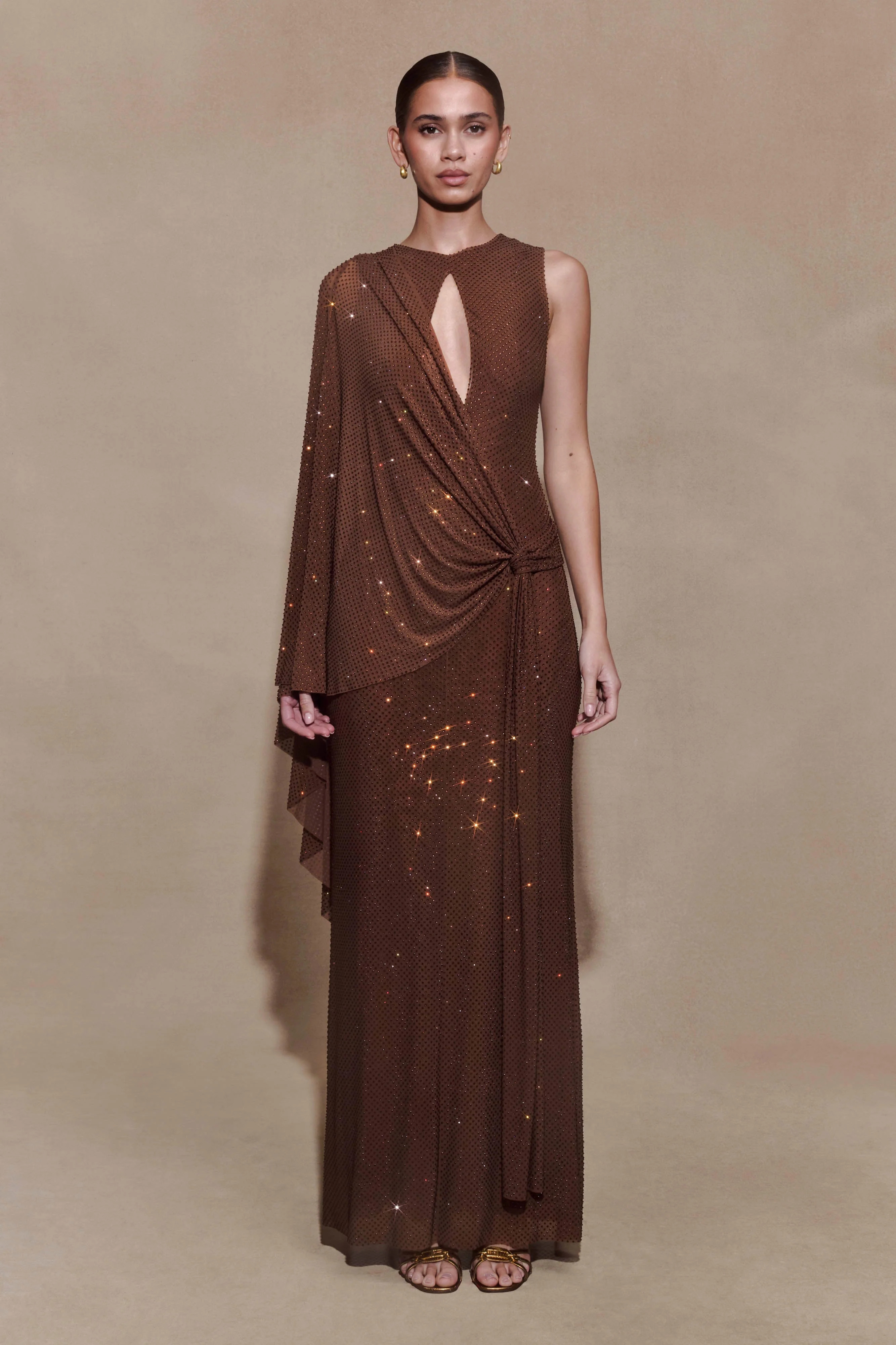 Diamante Cape Maxi Dress - Chocolate | MESHKI US