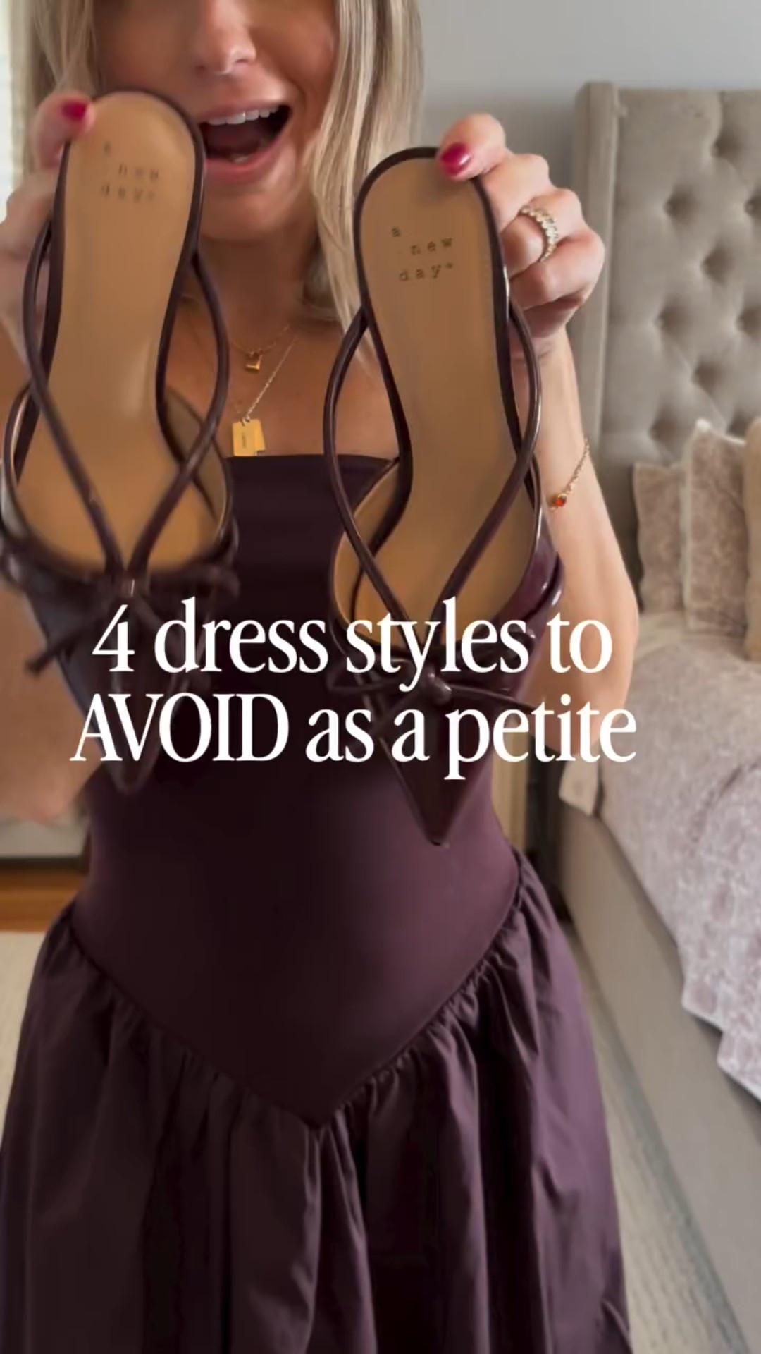 4 dress styles to AVOID as a petite:

✨ Midi dresses that hit mid-calf
Mid-calf lengths cut the leg at its widest point, which can visually shorten your height. If you love midi dresses, look for ones that hit just below the knee or closer to the ankle. 

✨ Oversized or shapeless dresses
Boxy, loose silhouettes can drown a petite frame and hide your natural proportions. Without waist definition, they can make you look smaller than you are. 

✨ High-contrast horizontal patterns
Bold horizontal stripes, wide color-blocking, or large prints across the body visually widen and shorten the frame. Vertical or smaller-scale patterns are usually much more flattering on petites. 

✨ Drop-waist dresses
These lower the waistline to the hips, making your torso look longer and your legs shorter. That imbalance can make you appear shorter overall. 

Comment DRESS for a 🔗! ✨ 🤎 

#petitehacks #petitestyle #petitetips #stylehacks #styletips petitedress dress tips weddingguest winter dress browndress petite style
