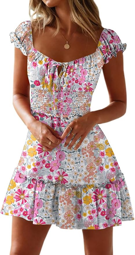 Caracilia Women's Summer Casual Sleeveless Sweetheart Neckline Mini Dress 2025 Smocked Boho Beach... | Amazon (US)