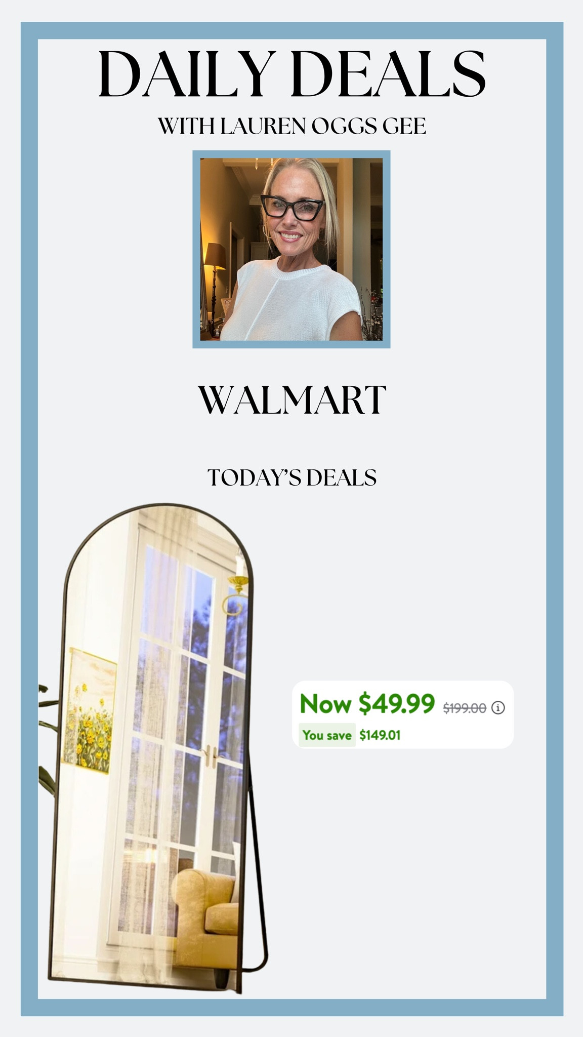 WALMART SUMMER SAVINGS!!

These floor length mirrors are every ladies dream. They are always well over $100-200, so when I saw these deals I gasped! Everyone needs at least one large floor length mirror in their house! 

#LTKSaleAlert #LTKSummerSales #LTKHome