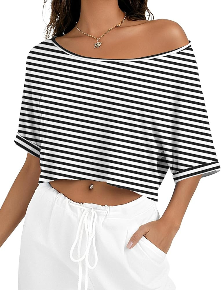 Kistore Off The Shoulder Tops for Women Going Out Short Sleeve Crop Top Boat Neck Loose T Shirt | Amazon (US)