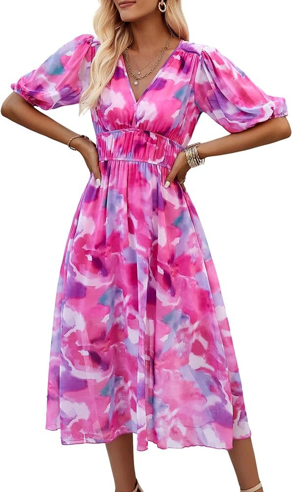 Womens Flowy Smocked Elastic Waist Short Sleeve V Neck Floral Midi Dress Casual Spring Summer Sun... | Amazon (US)