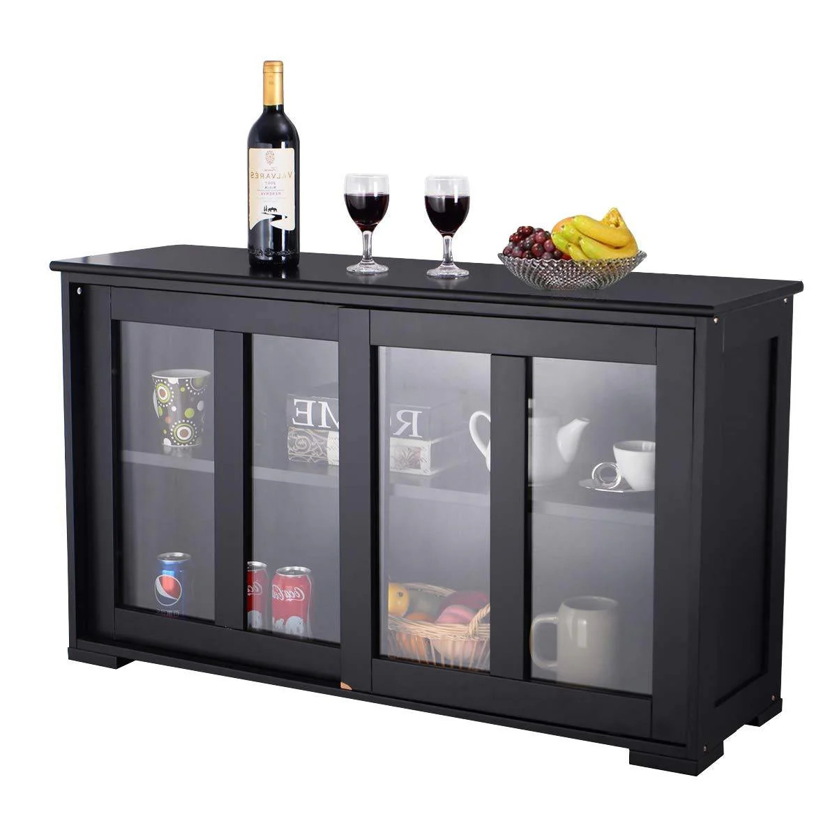 Black Sideboard Buffet Dining Storage Cabinet with 2 Glass Sliding Doors | Shop Simon
