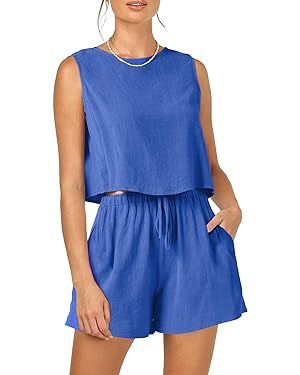 PRETTYGARDEN Womens 2024 Summer 2 Piece Button Back Crop Tank Tops And High Waist Shorts Set | Amazon (US)